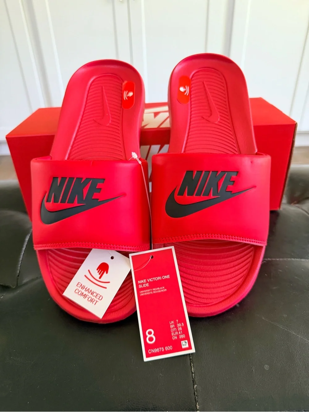 Nike Kids Victori One Slide Sandals in Red with Black Logo